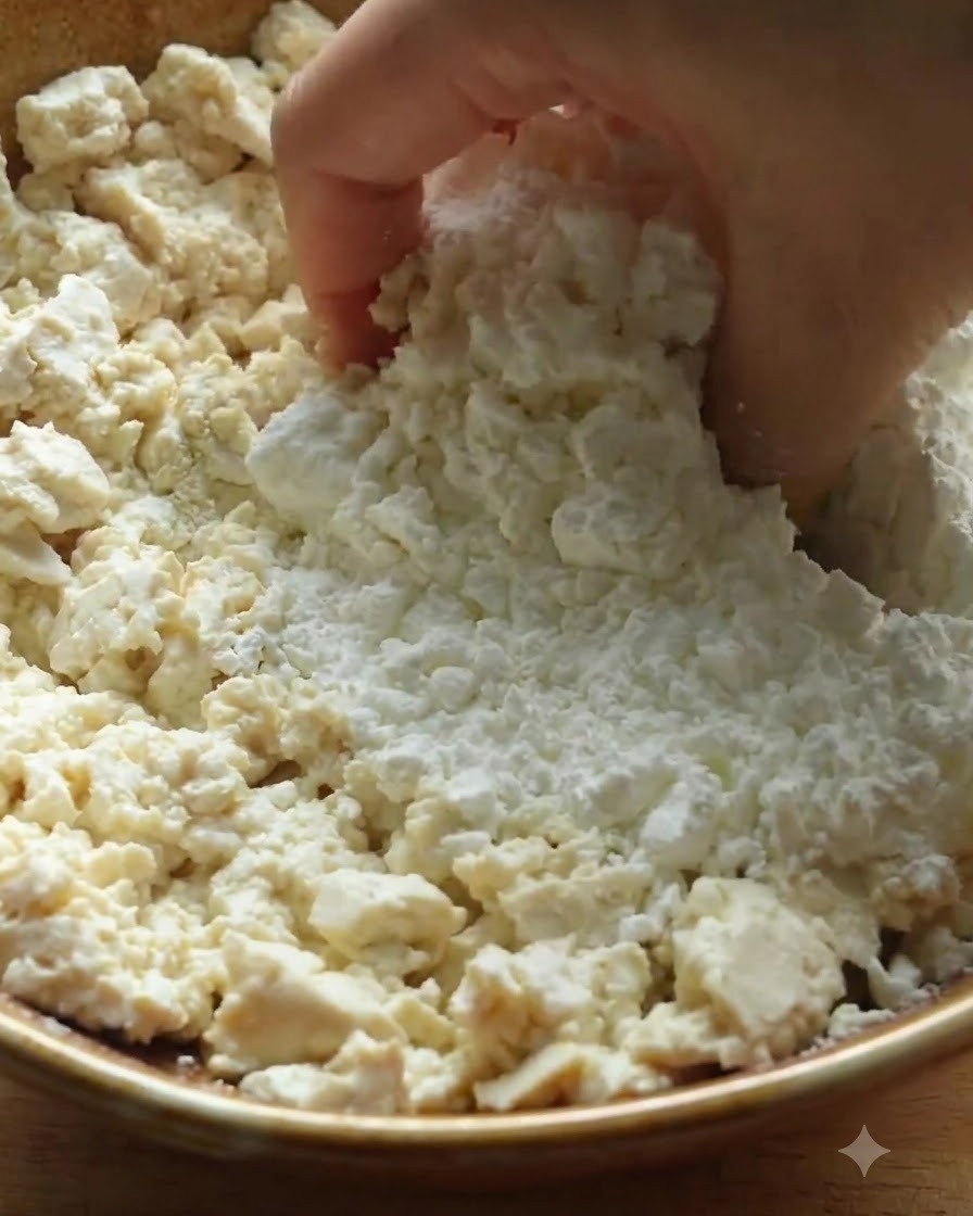 Tofu siendo desmenuzado y mezclado con harina y fécula de maíz dentro de un bol de madera.