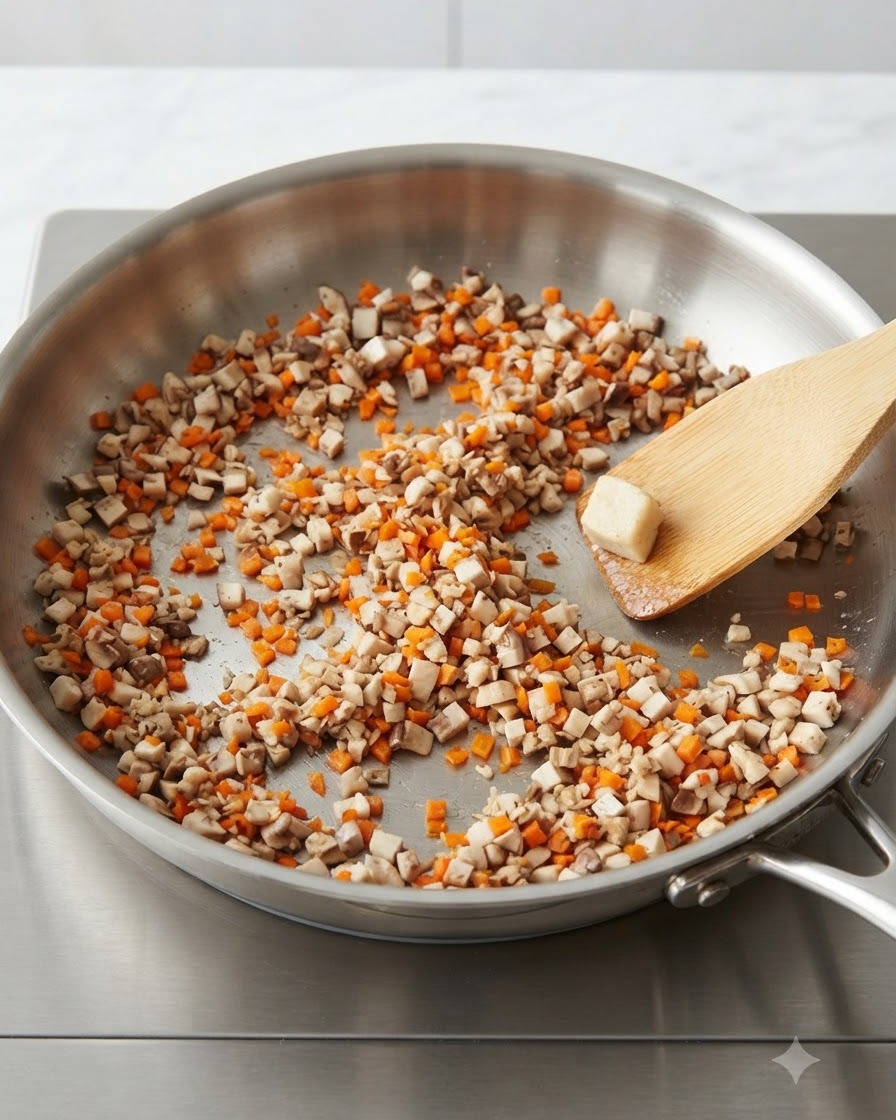 Zanahorias y setas finamente picadas cocinándose en una sartén de acero inoxidable y siendo revueltas con una espátula de madera.