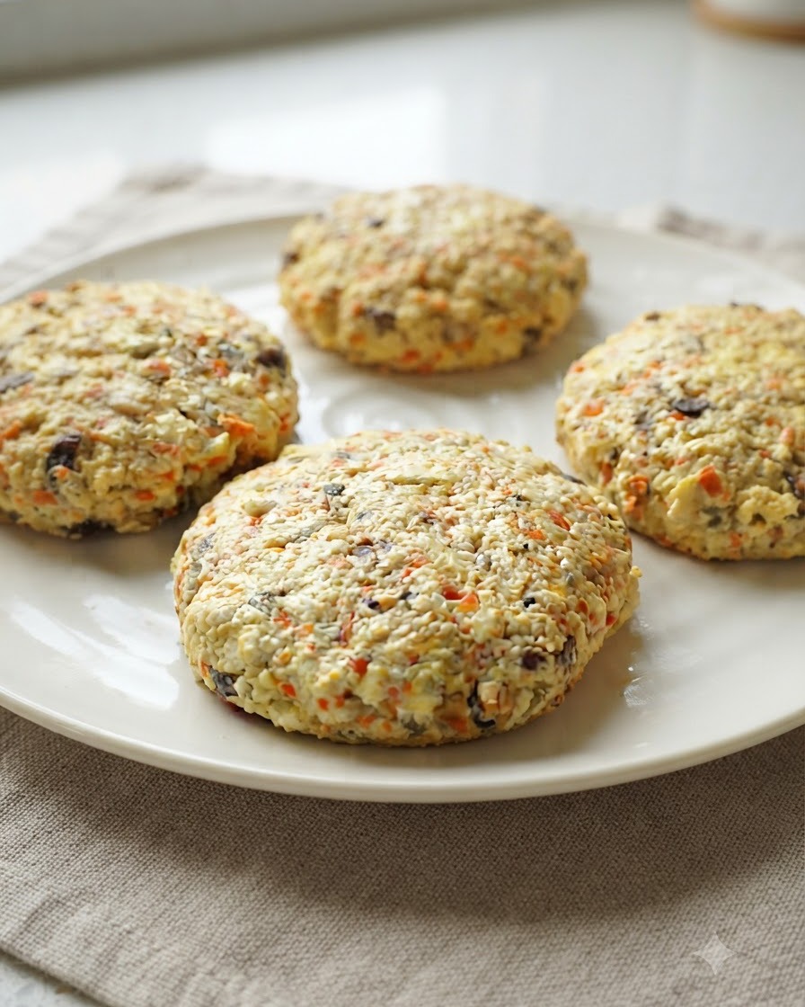 Cuatro hamburguesas de hamburguesa vegana formadas y cubiertas con semillas reposando en un plato blanco para servir.