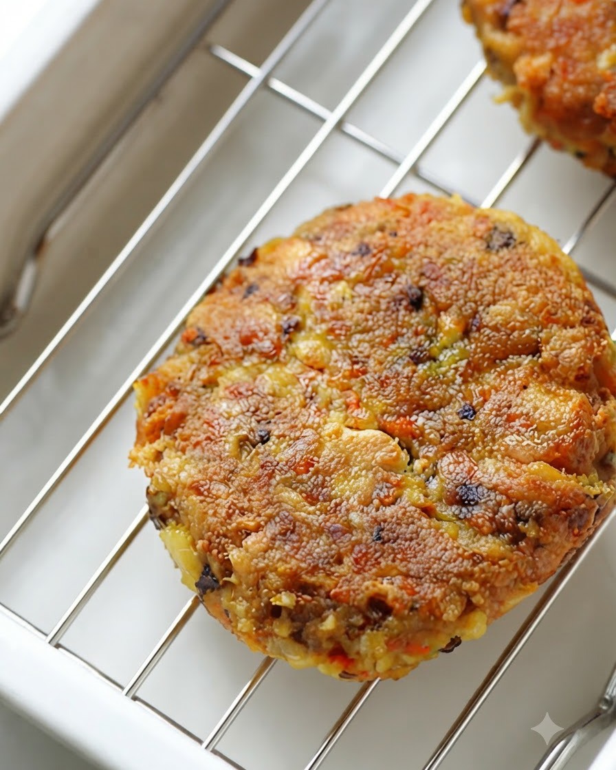 Una hamburguesa vegana frita de color marrón dorado reposando en una rejilla de alambre para enfriar.