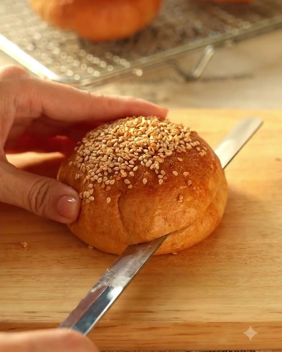 Un pan de hamburguesa con semillas de sésamo horneado siendo cortado horizontalmente por la mitad con un cuchillo en una tabla de madera.