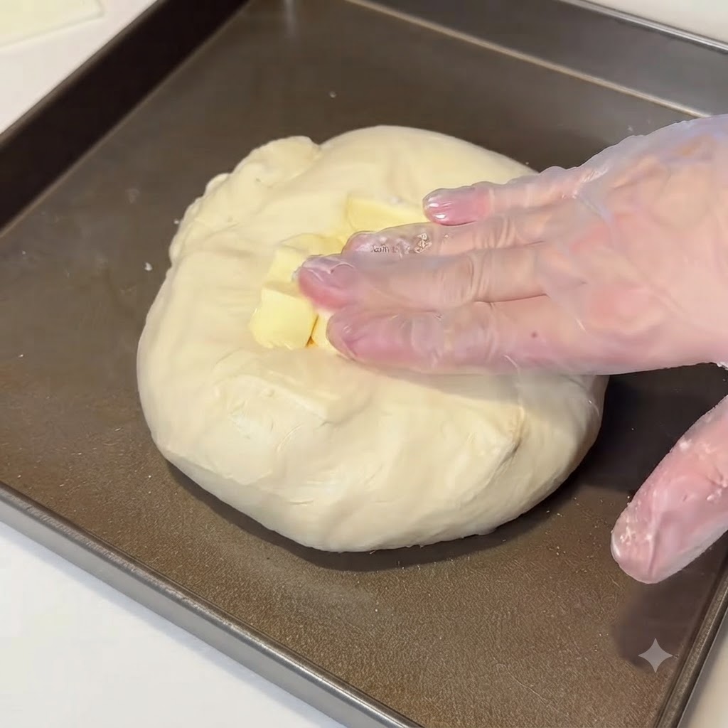 Trozos de mantequilla ablandada colocados sobre la masa dentro de una bandeja para hornear.