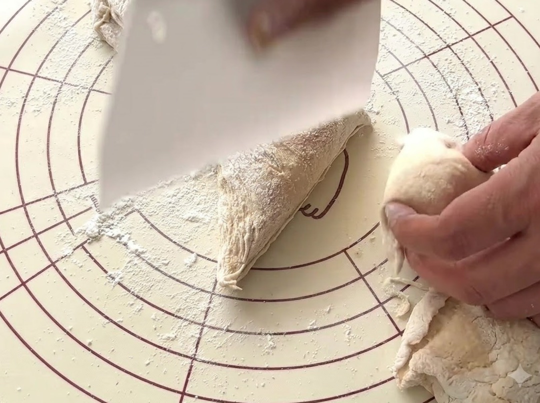Un raspador de masa blanco cortando masa fermentada en porciones sobre una alfombrilla con harina.