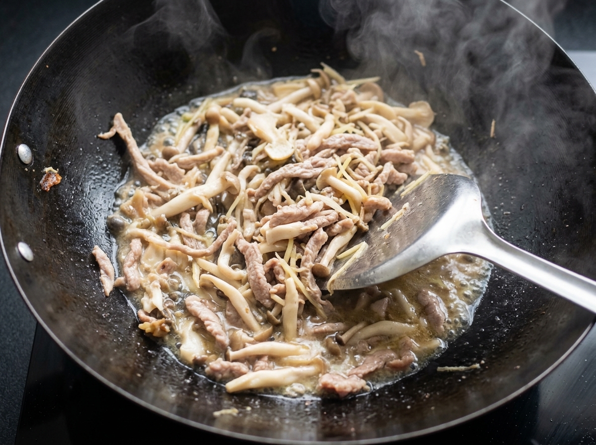 Setas enoki siendo añadidas al wok con los demás ingredientes.