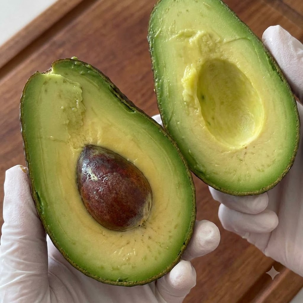 Un aguacate cortado en rodajas finas sobre una tabla de cortar de madera.