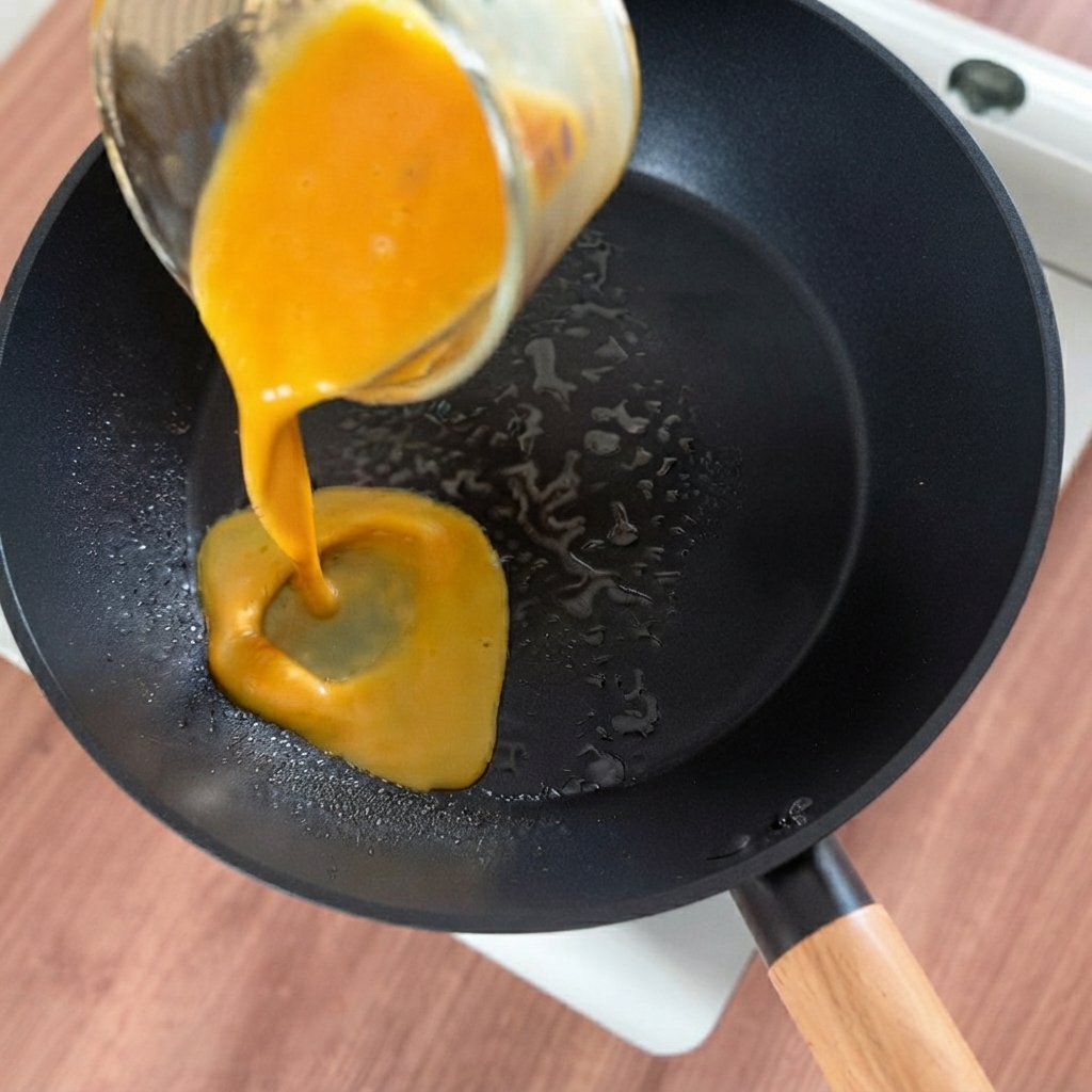 Huevos batidos siendo vertidos en una sartén caliente para formar una capa fina de tortilla.
