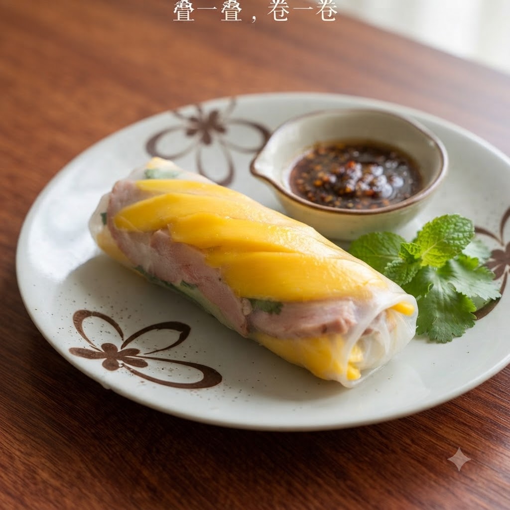 Un rollito de primavera vietnamita recién hecho colocado junto a un pequeño bol de salsa para untar y hojas de menta fresca en un plato estampado.
