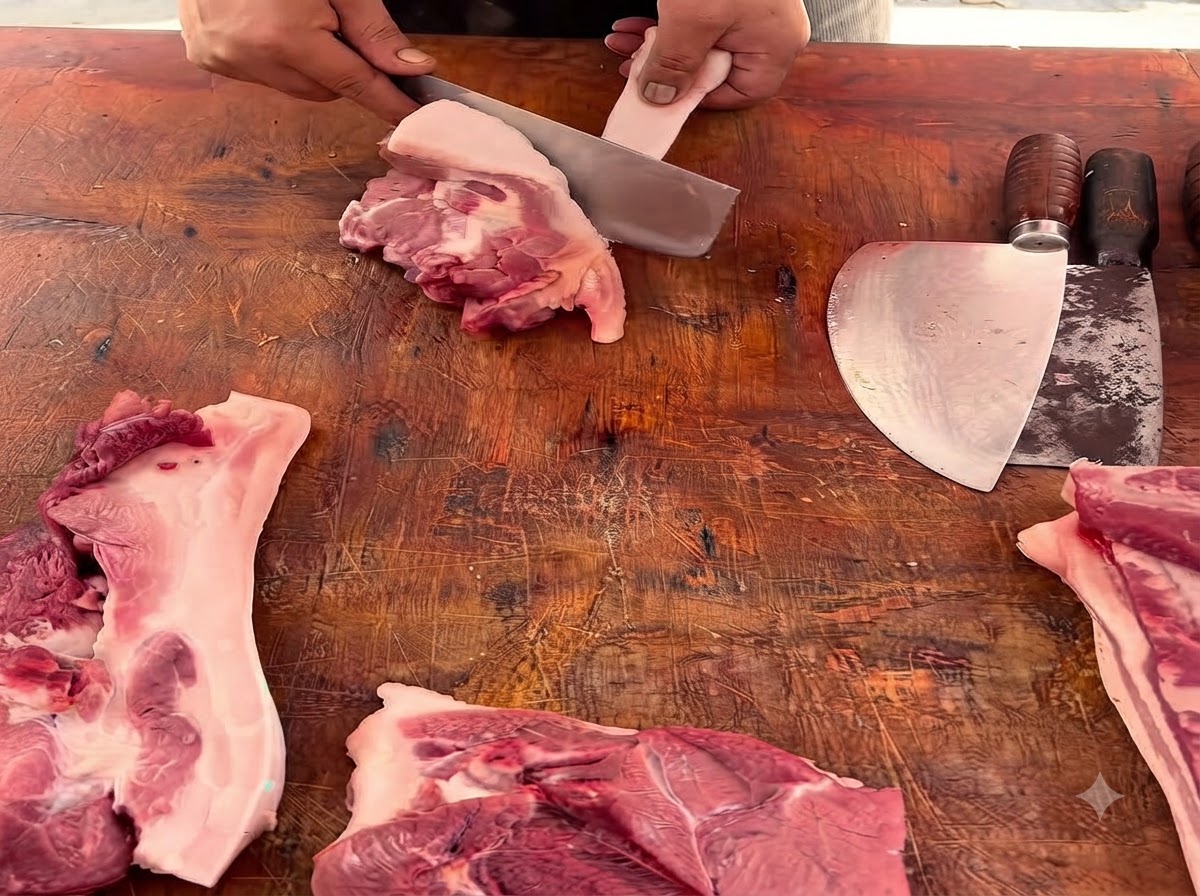Vista de cerca de una persona usando un cuchillo pesado para cortar un trozo de cerdo en una tabla de cortar de madera.