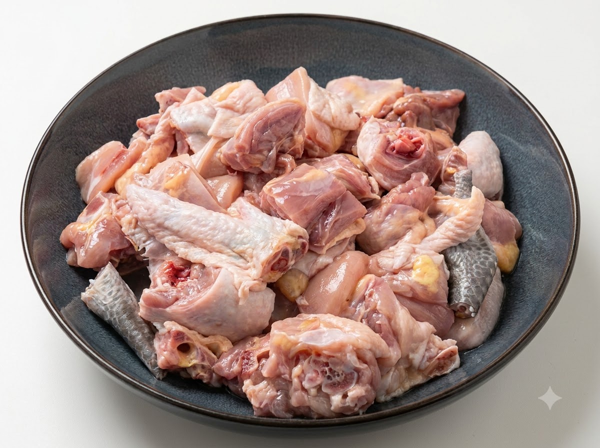 Trocitos de pollo en un bol oscuro mezclados con condimentos por manos con guantes.