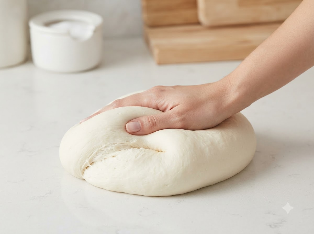 Una mano amasando y presionando una masa suave sobre una superficie blanca.
