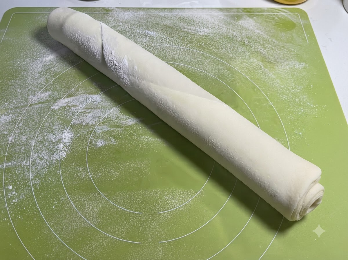 Una hoja de masa enrollada y espolvoreada con harina sobre una alfombrilla verde.