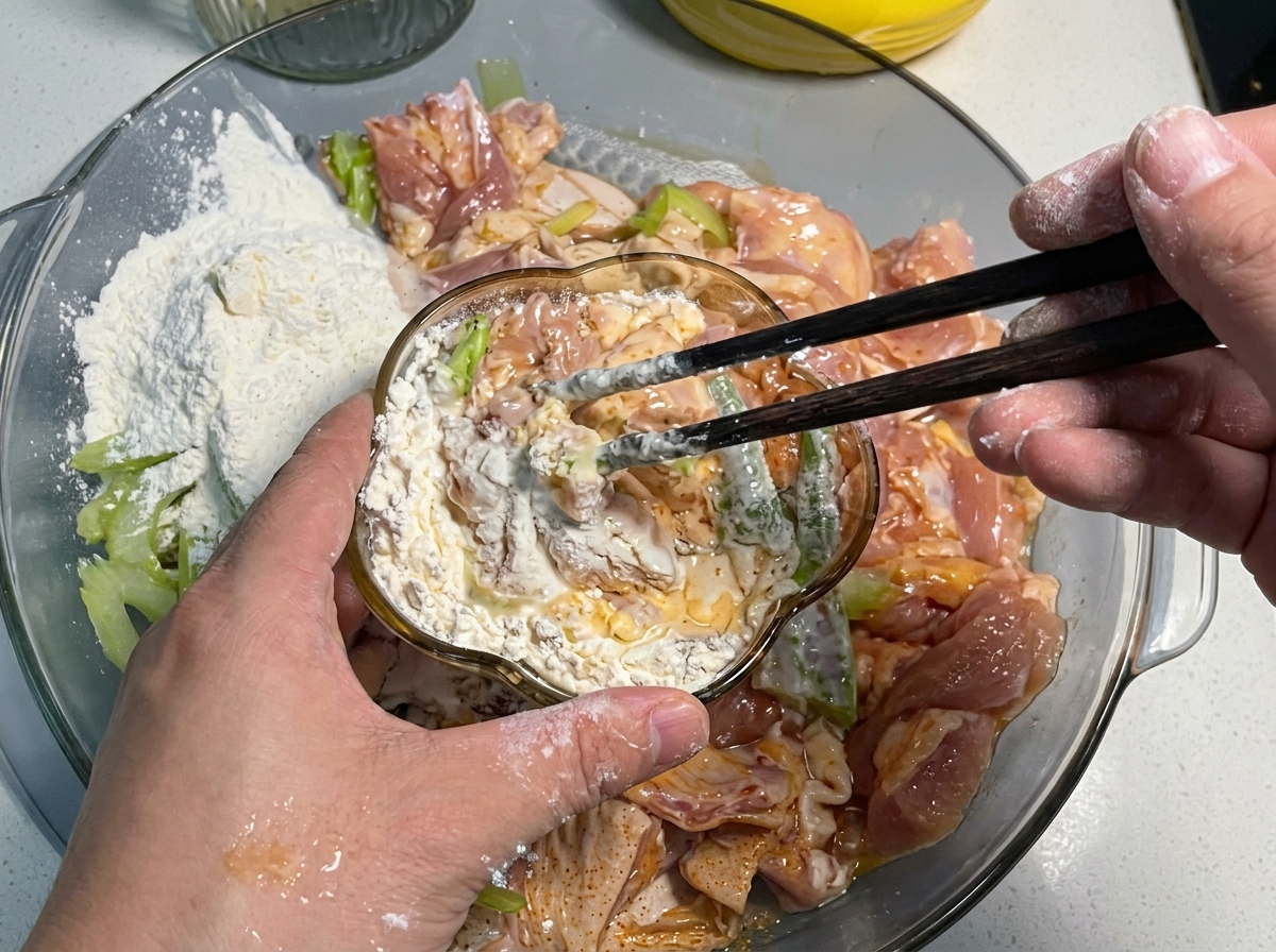 Mezcla de almidón vertida desde un bol pequeño en un recipiente más grande con pollo marinado y apio.