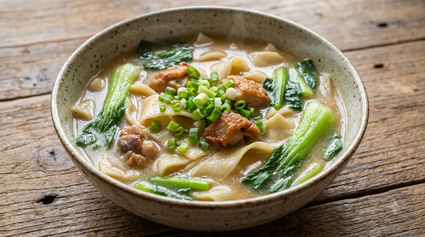 Sopa de Pollo Frito con Fideos Anchos