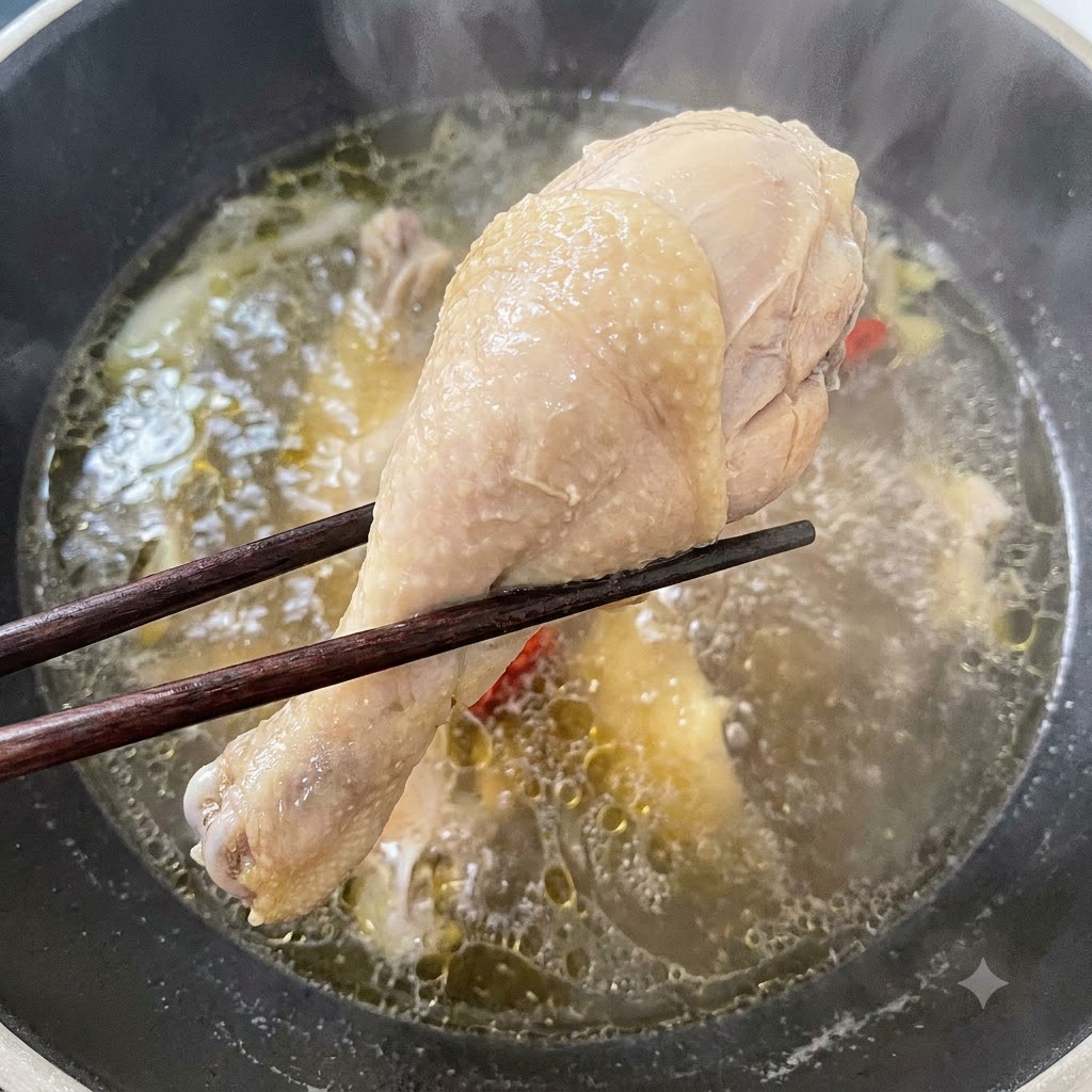 Un par de palillos levantando un muslo de pollo cocido fuera de un caldo a fuego lento.