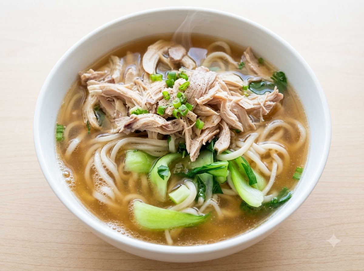 Un tazón terminado de sopa de fideos con pollo desmenuzado decorado con cebollines picados y cilantro.