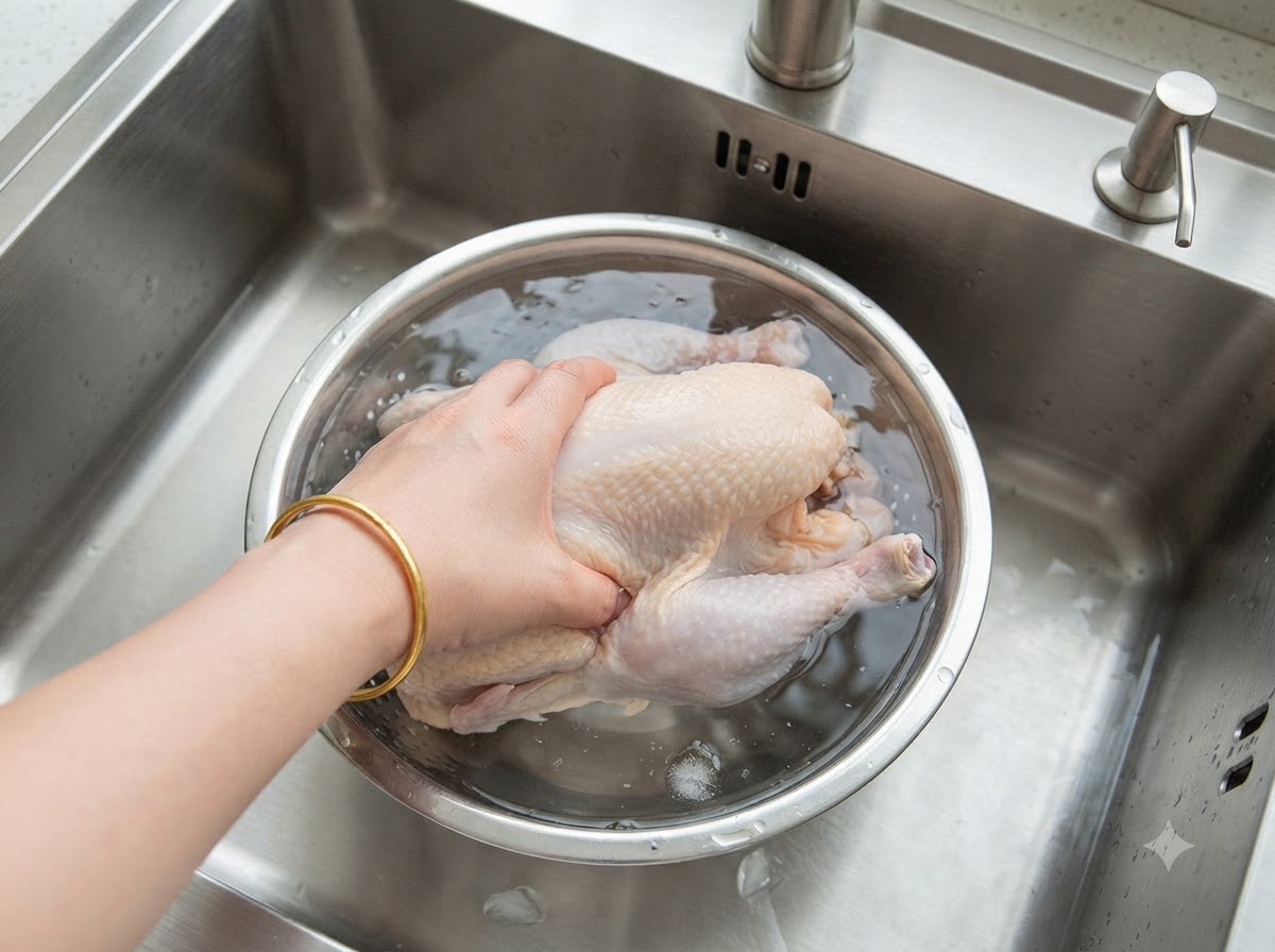 Un pollo entero limpio siendo introducido en una olla de acero inoxidable con agua.