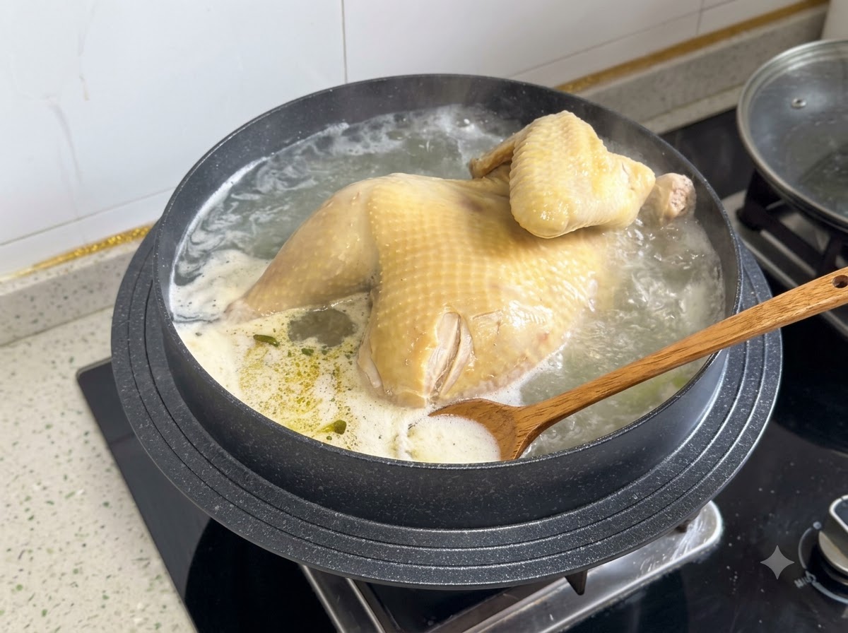 Una cuchara de madera retirando espuma y aceite de la superficie del caldo de pollo hirviendo.