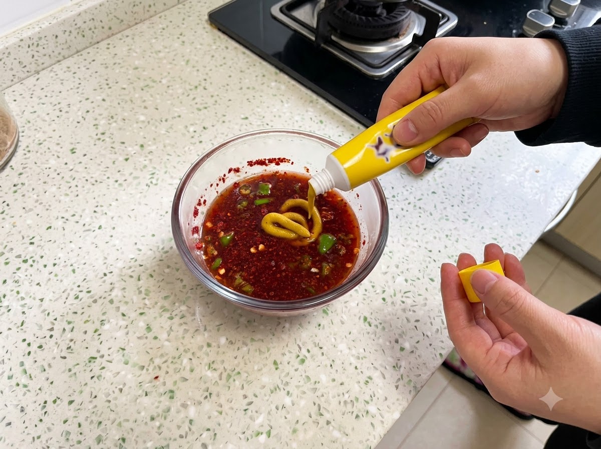 Mostaza amarilla siendo vertida en un bol de vidrio que contiene ingredientes de salsa mezclados y chile en polvo.