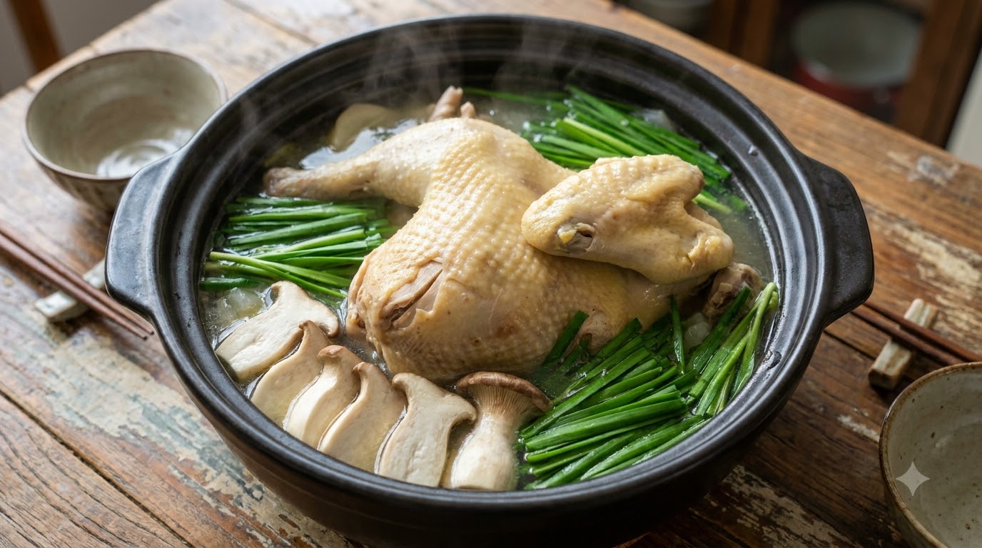 Sopa de Pollo Entero Estofado con Salsa Especial de Ajo y Chile y Fideos Udon