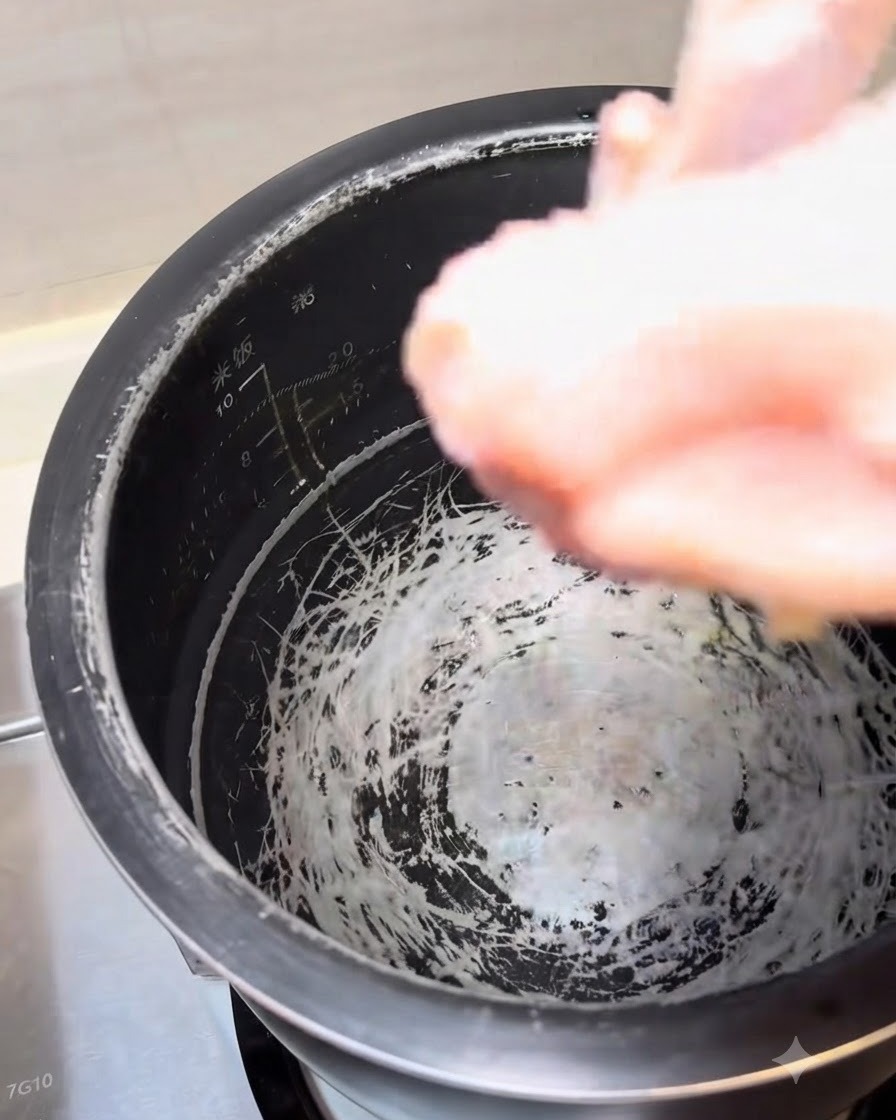 Partes de un pollo entero colocándose en la olla de una arrocera con agua para estofar.