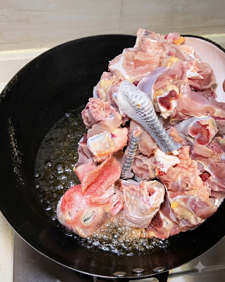 Trozos de pollo crudo picado deslizándose en un wok con aceite caliente y jengibre frito.