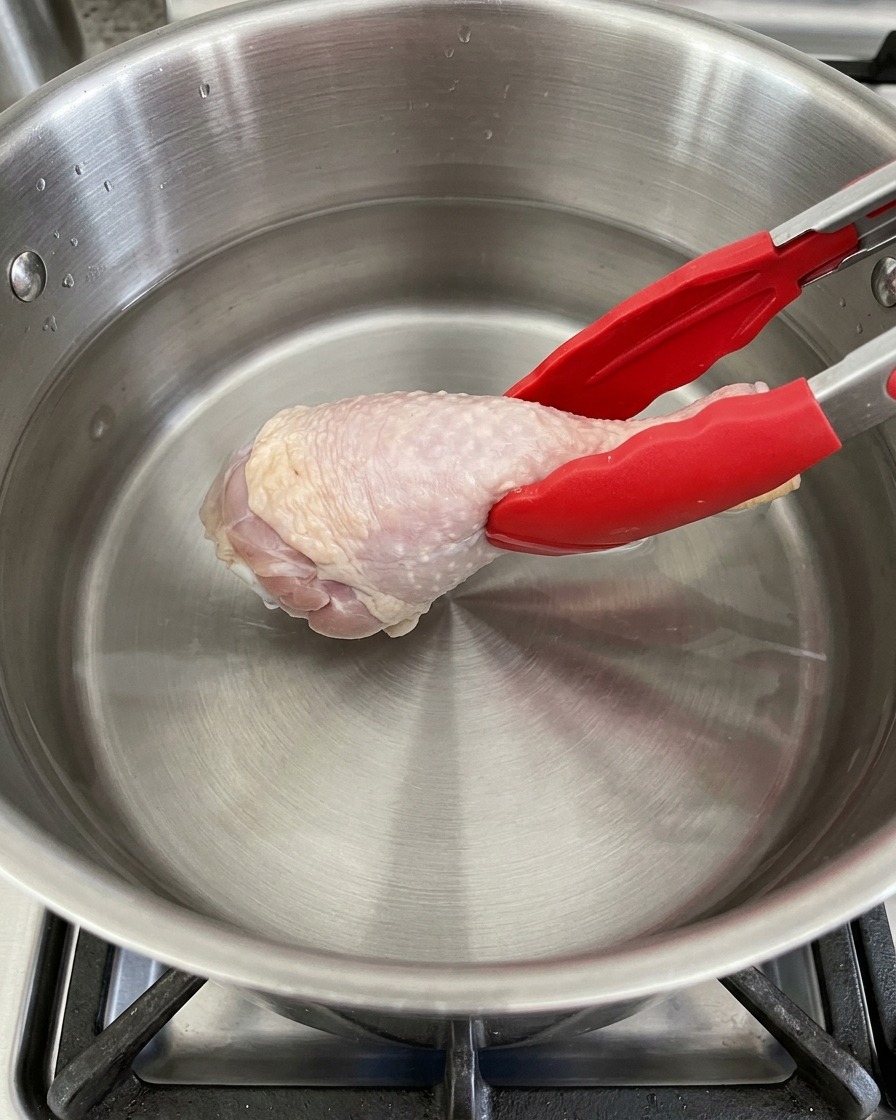 Una pata de pollo colocada con pinzas en una olla de acero inoxidable llena de agua fría.