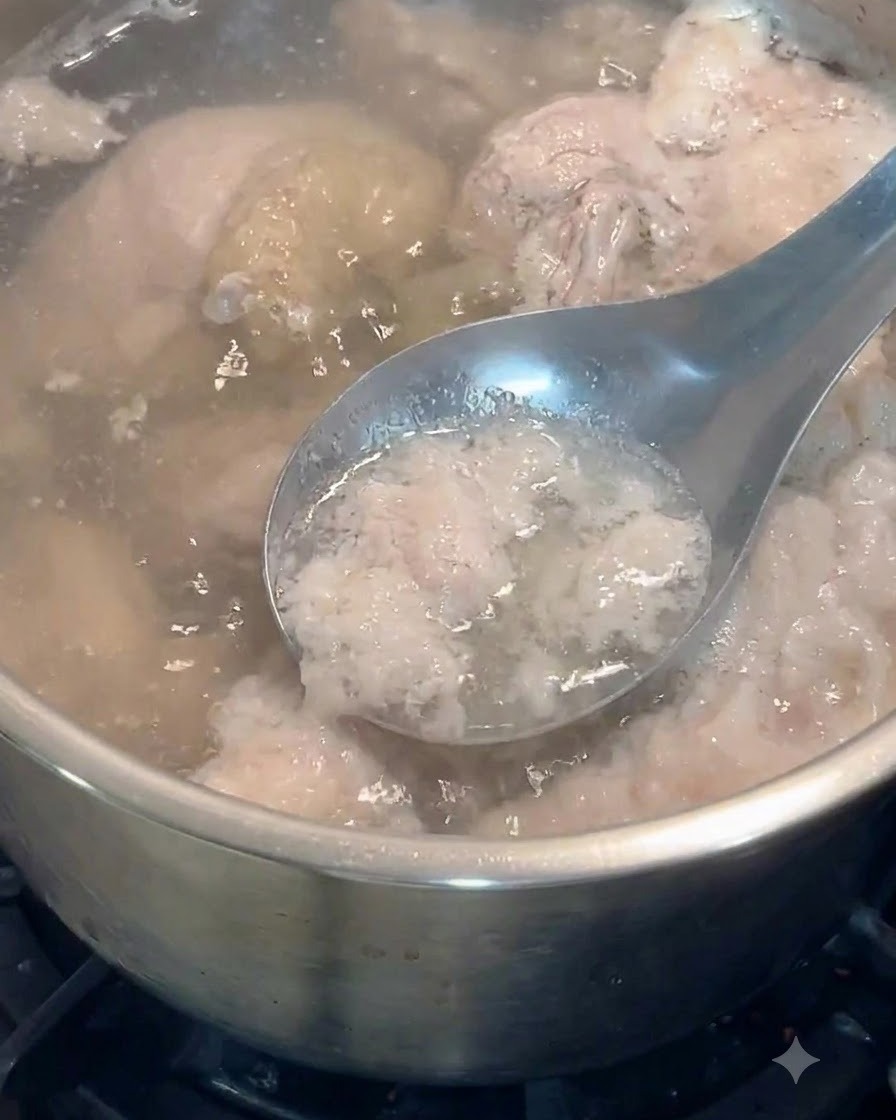Una cuchara de metal espumando la espuma gris y las impurezas del agua hirviendo con trozos de pollo.