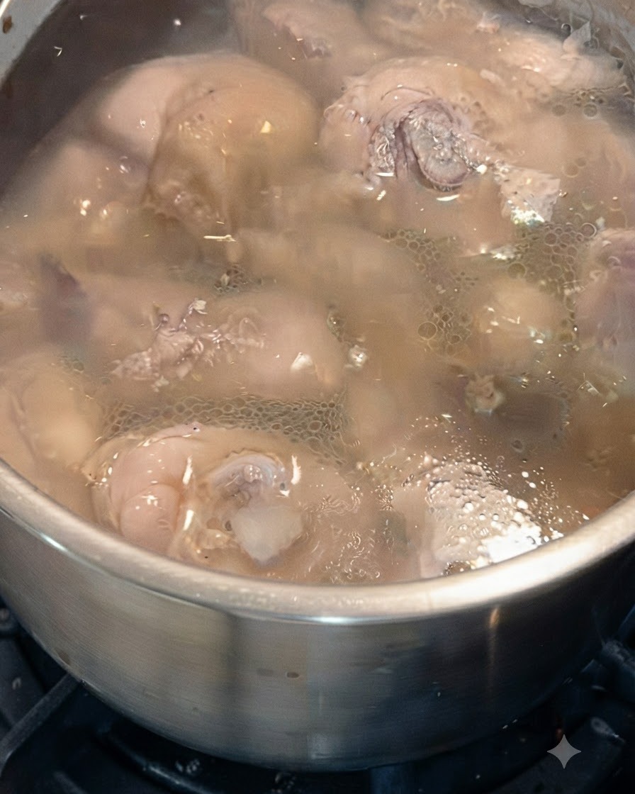 Trozos de pollo blanqueados hirviendo a fuego lento o remojándose en agua después del hervor inicial.