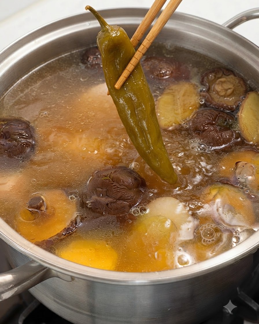 Palillos sosteniendo un chile verde entero en vinagre sobre una olla de sopa humeante de pollo y setas.