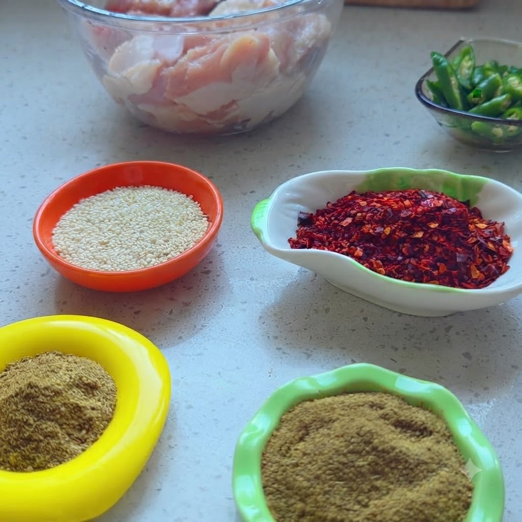 Una colección de pequeños cuencos llenos de varias especias, semillas de sésamo blanco e ingredientes picados dispuestos en una encimera.