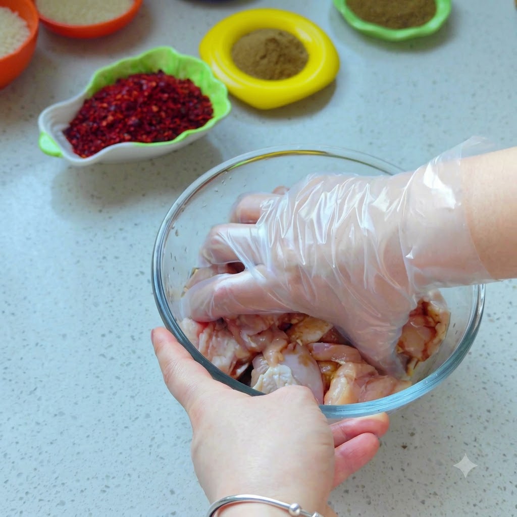 Una mano con un guante de plástico mezclando minuciosamente los trozos de pollo crudo dentro de un bol de vidrio transparente.