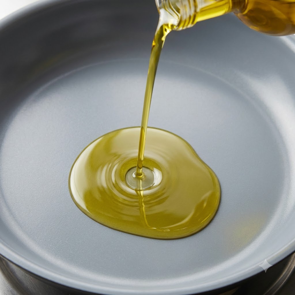 Aceite de cocina siendo vertido desde una botella en el centro de una sartén gris, creando ondas.