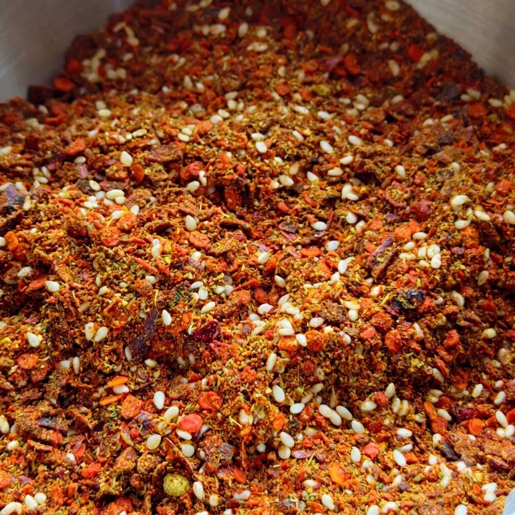 Aceite caliente siendo vertido en tandas sobre las especias secas mezcladas en el recipiente metálico.