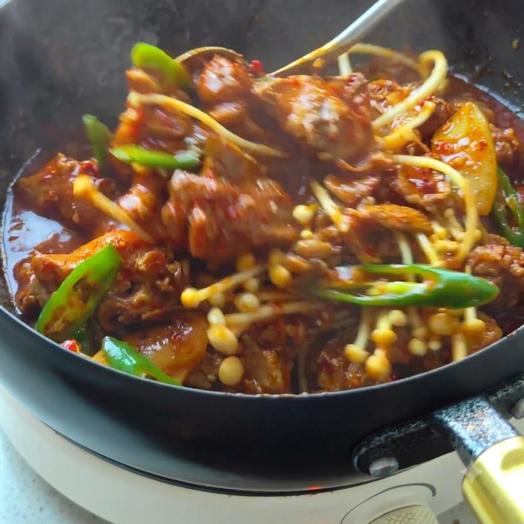 Trozos de pollo siendo salteados en el wok hasta que la superficie se vuelva de color marrón dorado.