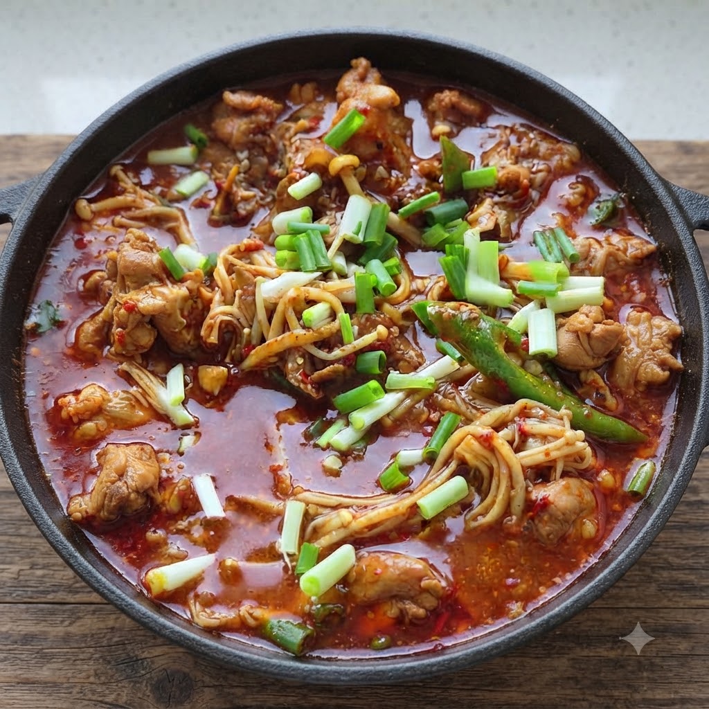 Ajo picado y jengibre siendo añadidos al wok con el pollo para saltear y liberar aroma.