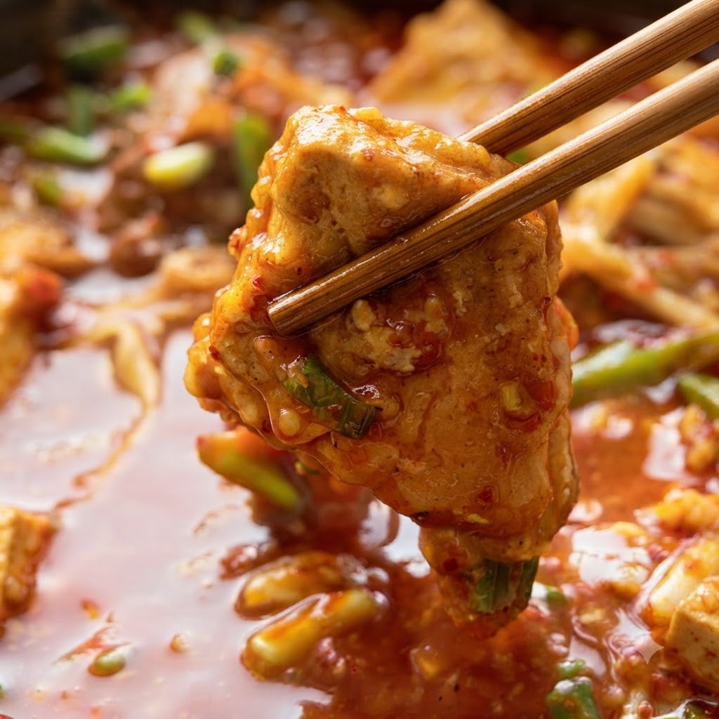 La salsa roja de chile y especias preparada siendo vertida por completo en el wok con el pollo.