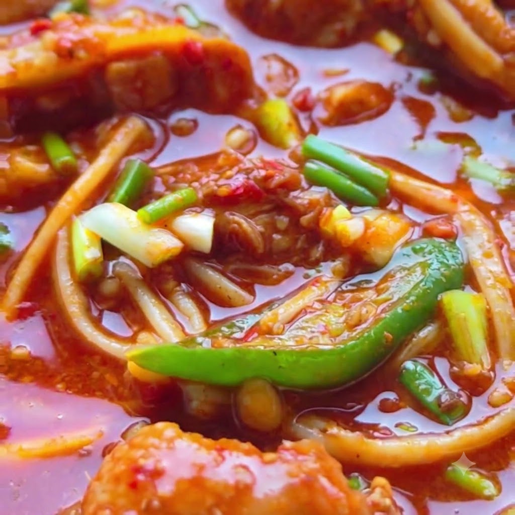 Agua caliente siendo vertida en el wok sobre el pollo y las especias.