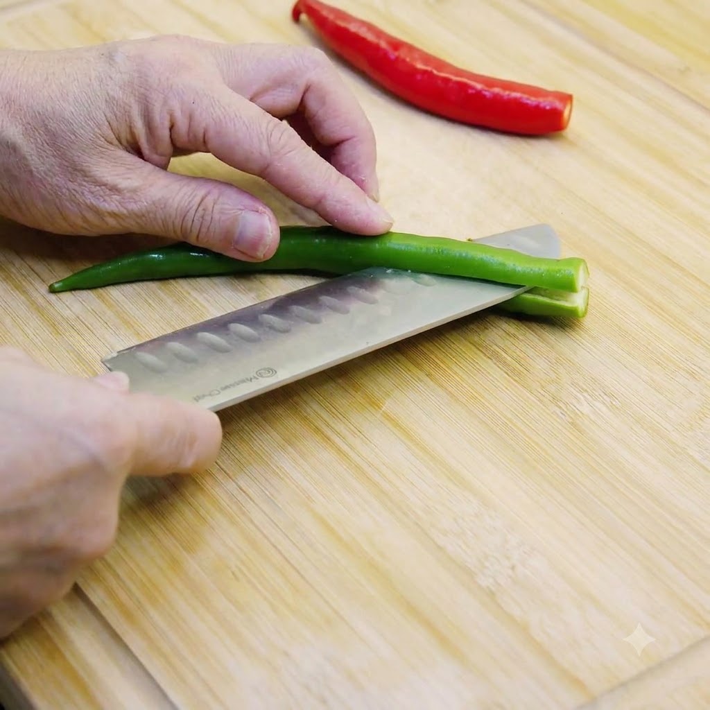 Chiles verdes y rojos siendo cortados y desespinados en una tabla de madera.