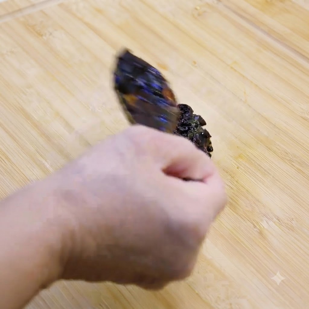 Pasta de soja oscura siendo cortada en una tabla de cortar de madera.