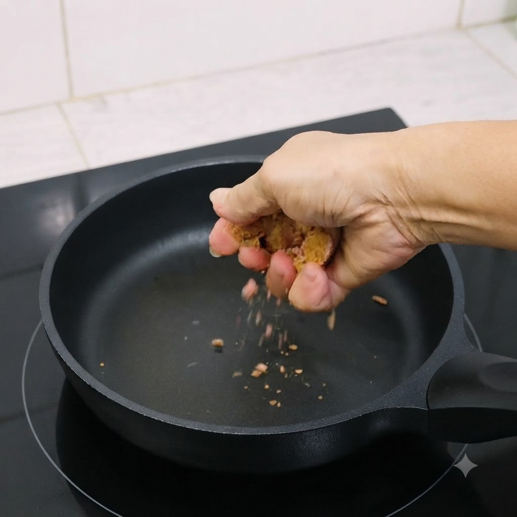 Belacan triturado siendo frito en seco en una sartén caliente.