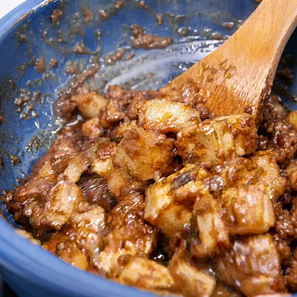 Pasta de belacan licuada y aceite cocinándose dentro de una olla azul.