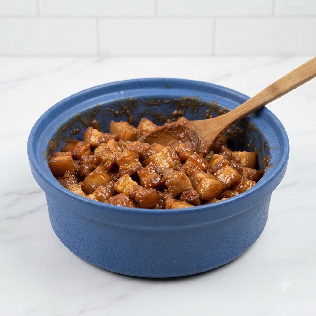 Pasta de soja siendo combinada con la pasta de belacan en una olla azul.