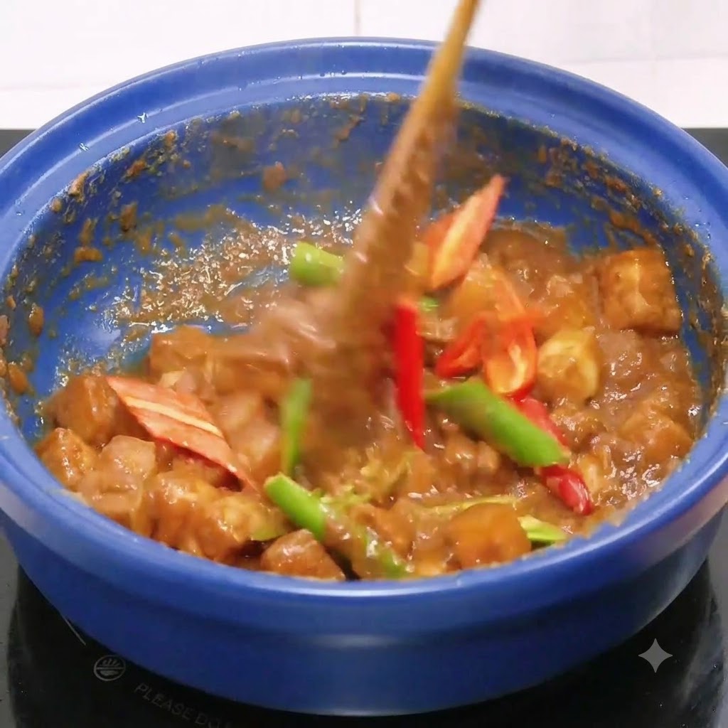 Trozos de panceta de cerdo blanqueada siendo mezclados con la pasta dentro de una olla azul.