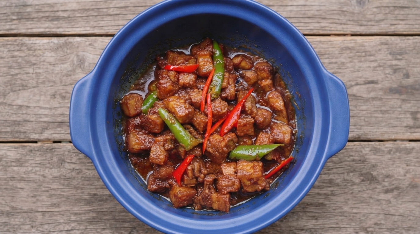 Una olla de cerámica azul llena de cerdo Nyonya Assam brillante y estofado, adornado con tiras de chile fresco rojo y verde.