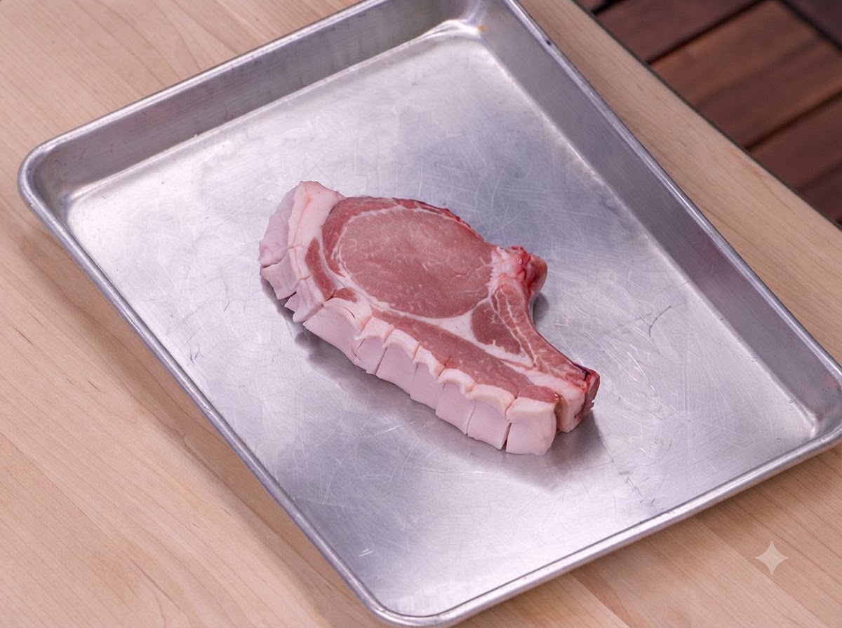 Una chuleta de cerdo cruda colocada en una bandeja de metal, espolvoreada con sal y pimienta negra.