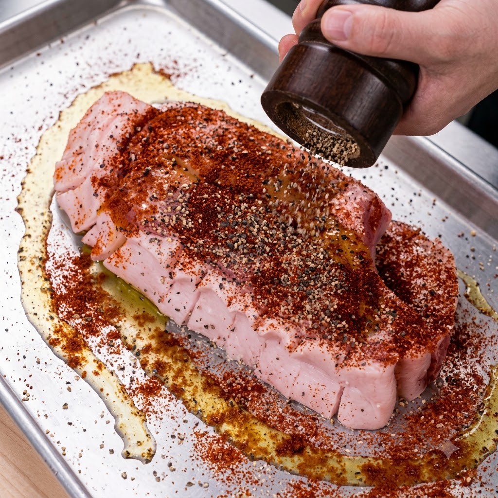 Aceite de oliva, pimentón ahumado y chile en polvo siendo vertidos y espolvoreados sobre una chuleta de cerdo cruda.