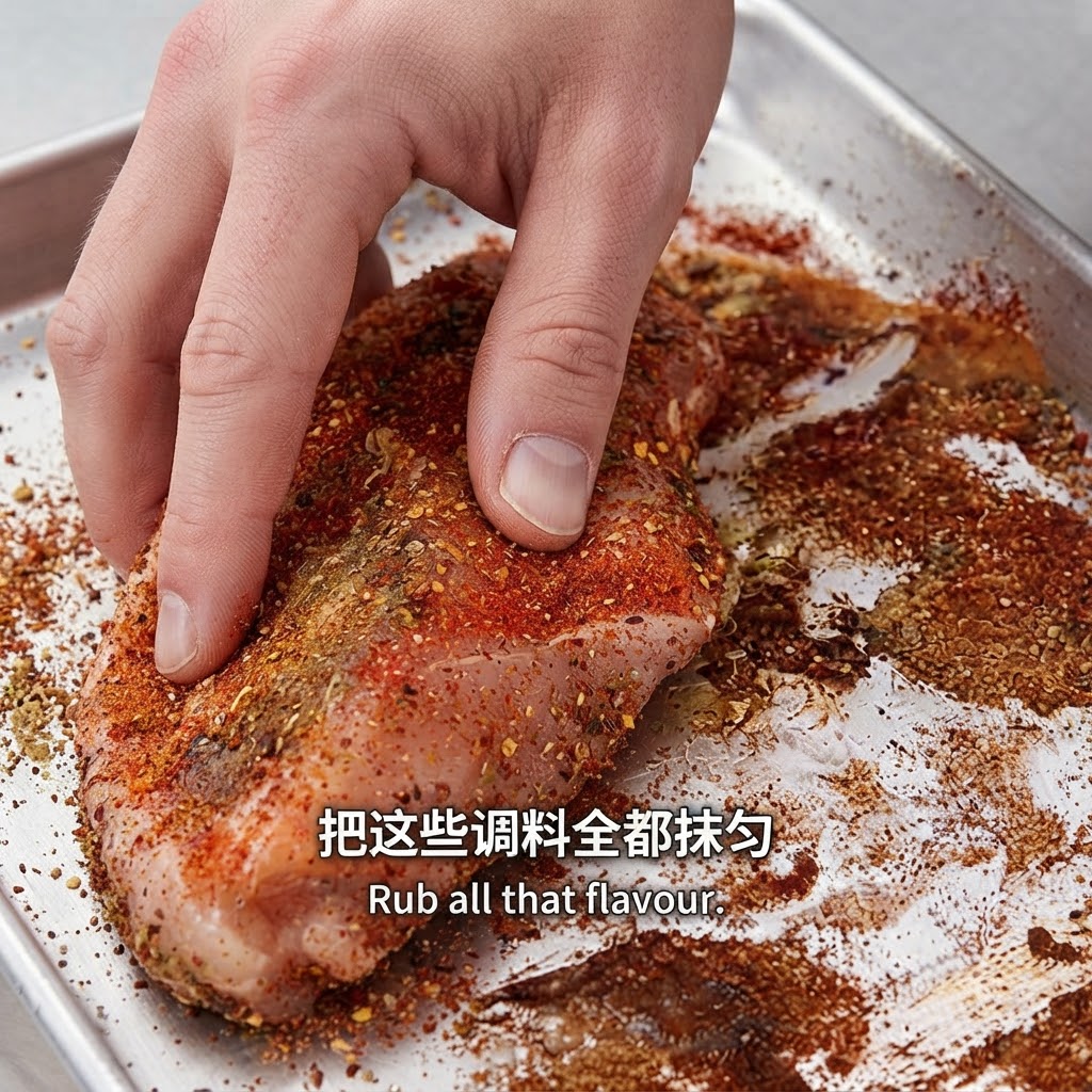Una mano masajeando la mezcla de especias y aceite en una chuleta de cerdo cruda.