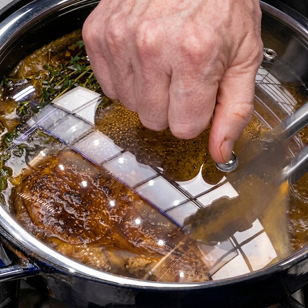 Una mano colocando una tapa de vidrio sobre una sartén de hierro fundido caliente para cubrir una chuleta de cerdo cocinándose.