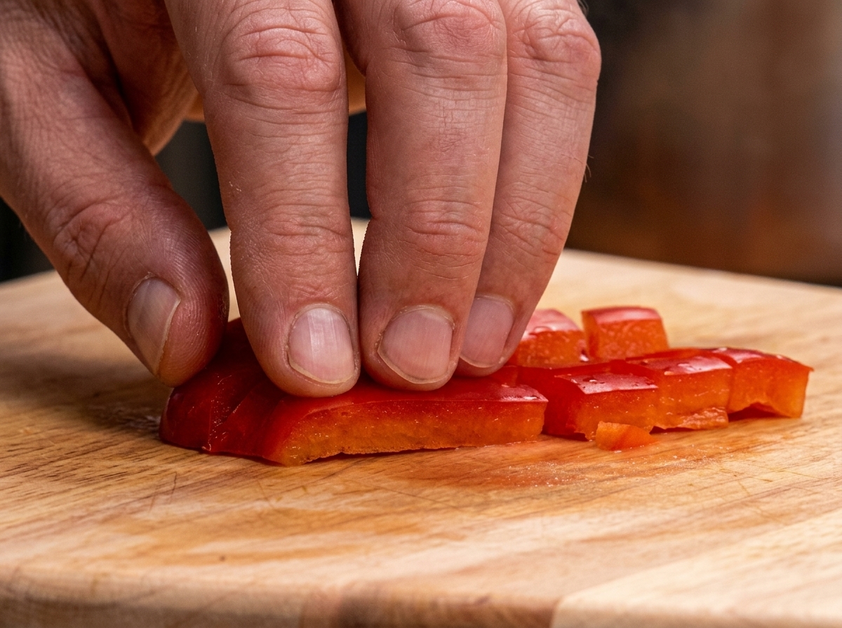 Pimientos rojos y amarillos cortados en dados grandes siendo añadidos a la mezcla de verduras en la sartén.