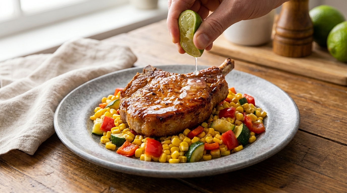 Chuleta de Cerdo a la Sartén con Succotash de Verano